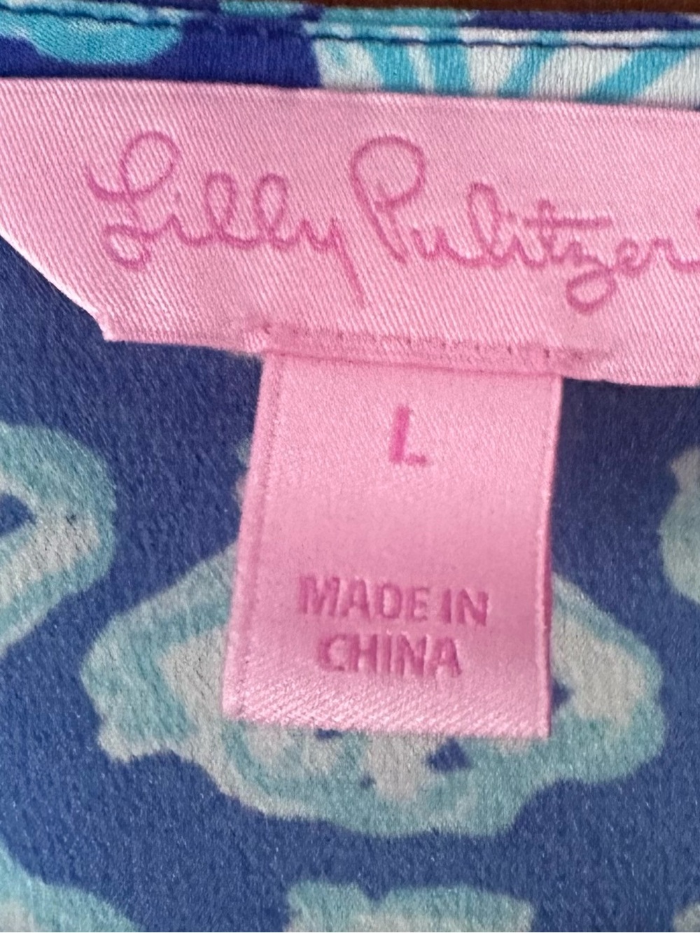 Lilly Pulitzer Renato Silk Tunic Top Brilliant Blue Tripped Out Large L Like New - Picture 2 of 4